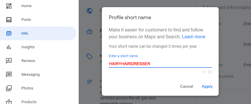 Google Business short name limitations