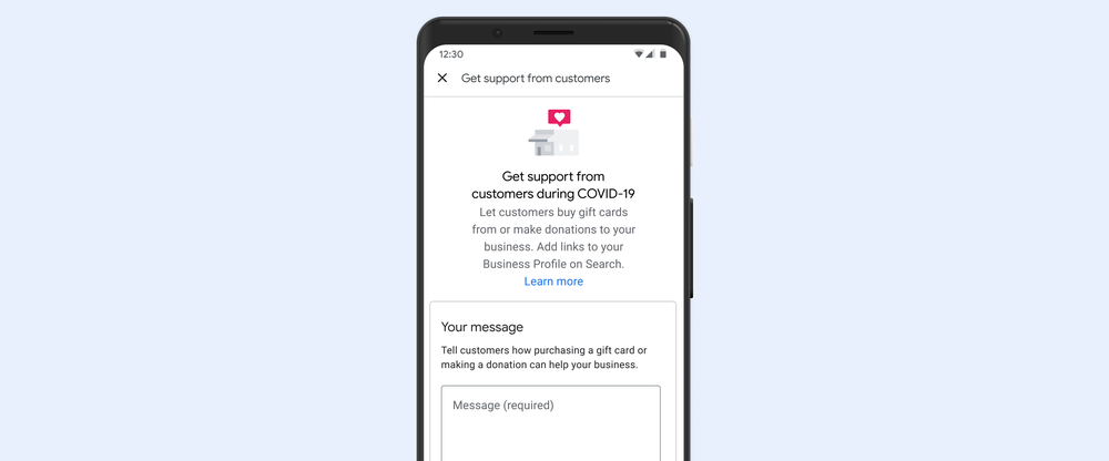 Google My Business support links on a mobile